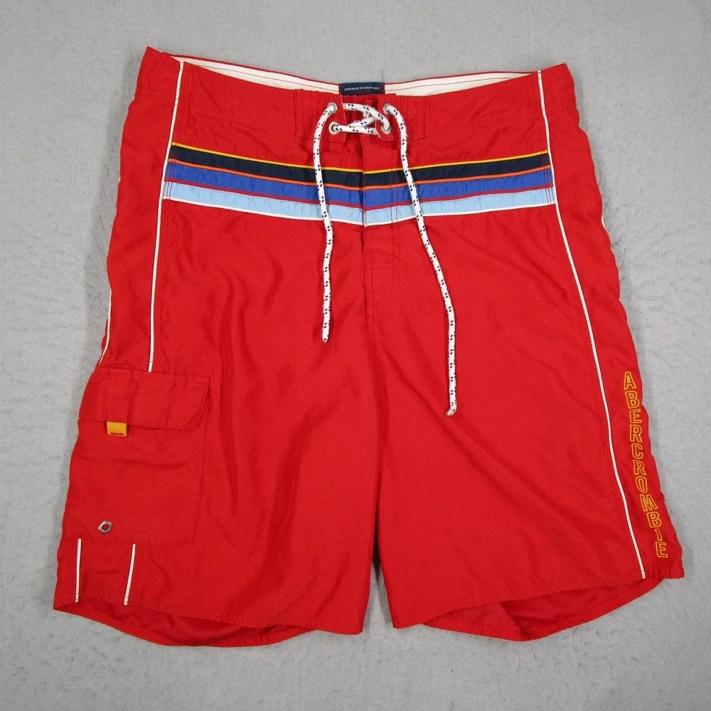 Abercrombie and Fitch Mens Board Shorts Red Swim Trunks Size 36 Cargo Y2K